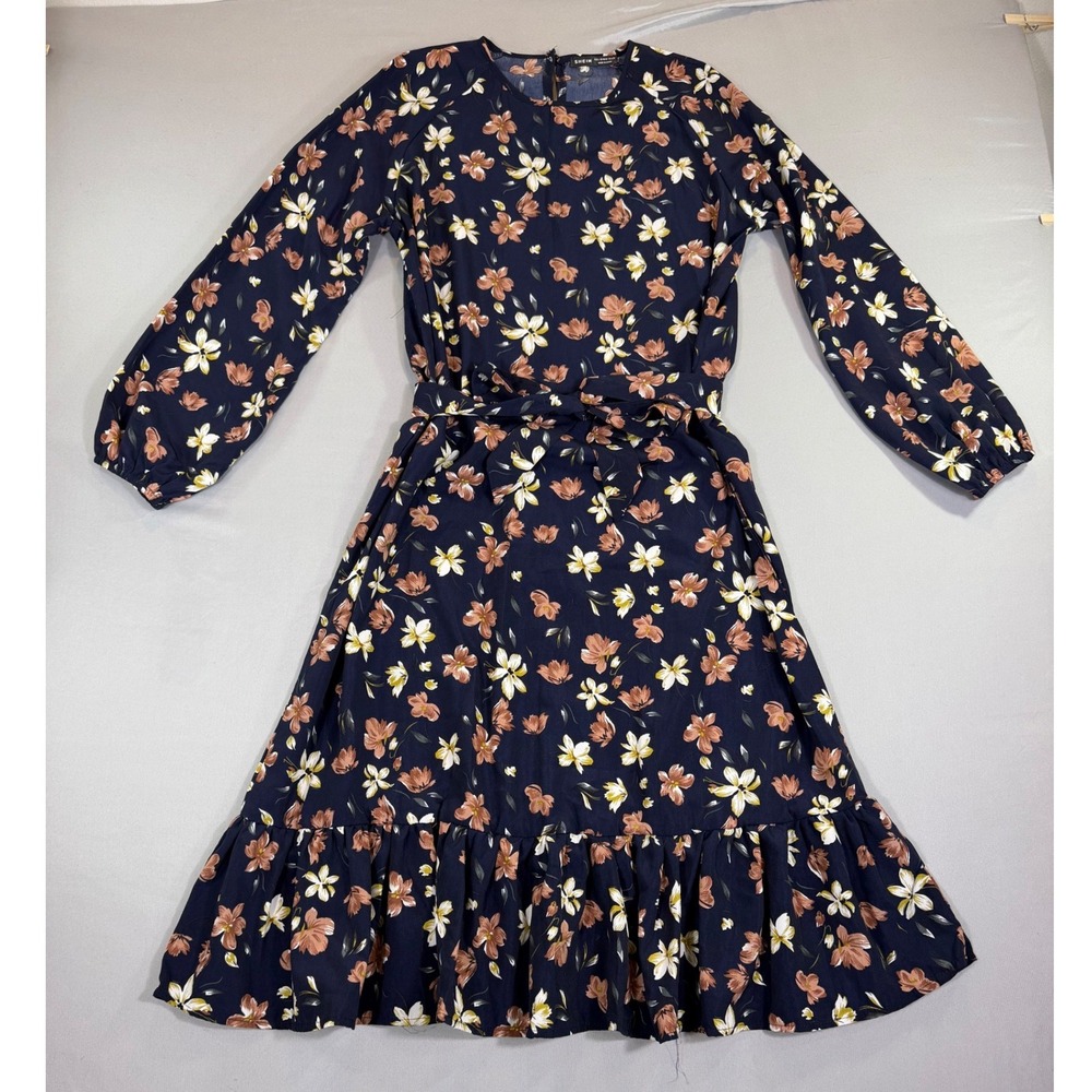 Floral Long Sleeve Maxi Dress Large Navy Blue Cottagecore Prairie Modest Boho